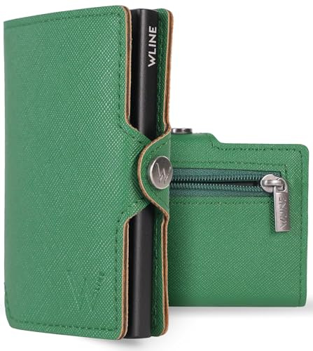 WLine Portafoglio Uomo Slim con Portamonete Rfid Compatto ed Elegante - Porta Carte di Credito Uomo e Donna Schermato in Pelle PU - Portatessere Uomo Tascabile (Verde e Nero Saffiano, Con Zip)