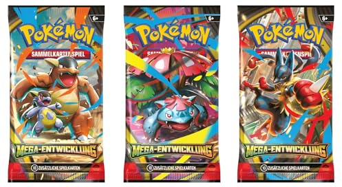 3X Mega Entwicklung Booster | Pokémon TCG | Neue Erweiterung mit Rückkehr der Mega-Entwicklungs-ex Karten | Originale Boosterpacks | Mit HeartGlobal® Versandschutz