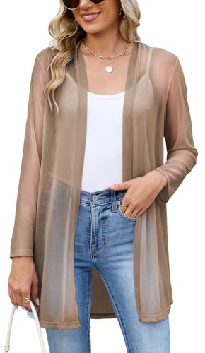 Famulily Summer Cardigans for Women Soft Long Sleeve Draped Open Front See Through Stretch Cardigans (XXL, Coffee)