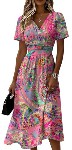 Summer Dresses for Women Over 50 UK Summer Dresses for Women UK V Neck Flowy Short Sleeve Wrap Dress Midi Boho Casual Solid Color Vacation Sunshine Dress