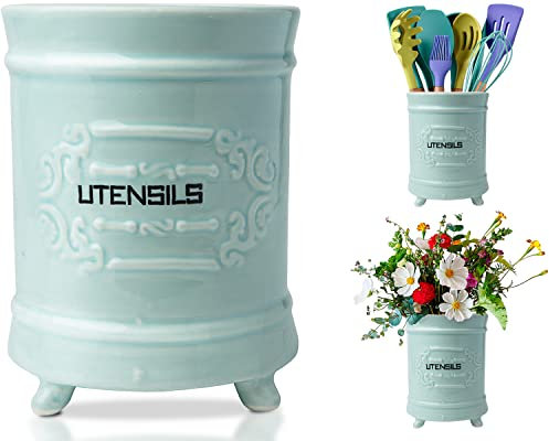Porte-ustensiles de Cuisine en céramique Bleu français – Panier à ustensiles de Cuisine de Style Vintage – Organiseur d'ustensiles de Cuisine au Design Antique – Pot à ustensiles Rustique français