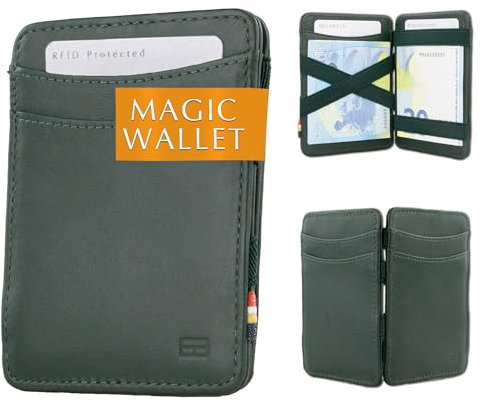 Hunterson Flacher Geldbeutel Fuer Herren aus Leder, Magic Wallet mit RFID-Schutz, Geldboerse mit Platz Fuer 8 Karten, Green