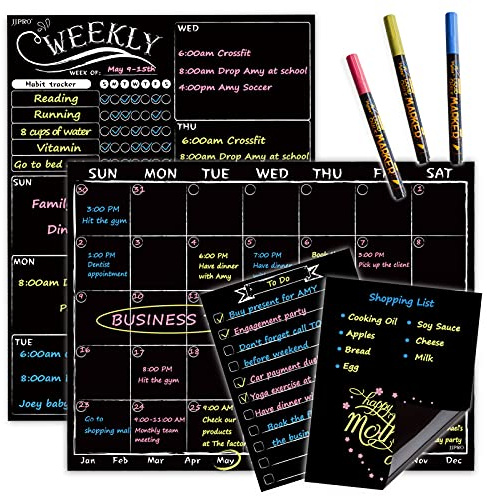 Magnetic Chalkboard Monthly Calendar - Weekly Planner Blackboard Combo Set w/Neon Bright Liquid Chalk Markers - Bonus Grocery List and Notepad Blackboard for Refrigerator Included