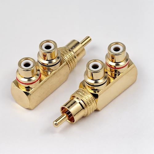 RHINORO (Pack of 2 Premium Copper RCA Right Angled Mono Y Splitter Connectors Male to Female for Audio AV TV Video Adapter Phono Cable Lead