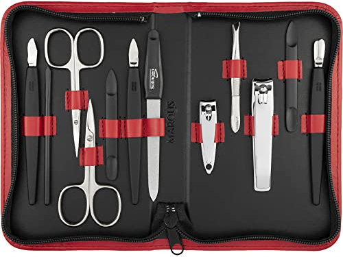 Solingen Manikür Set 12 teilig - Nagelset Herren und Damen mit allem was man für die Maniküre und Pediküre braucht, in hochwertigem Kunstleder Etui