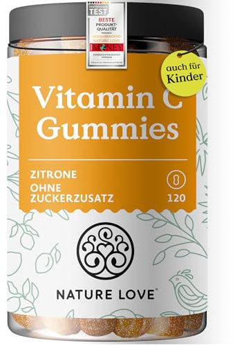 NATURE LOVE® Vitamin C Gummies – 120 Stück – 120mg pro Tagesdosis für Erwachsene, 40mg für Kinder – ohne Zuckerzusatz oder Süßungsmittel – Gummibärchen mit 91% Fruchtanteil – vegan und laborgeprüft