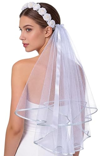 SIQITECH Brautschleier Damen Mädchen Tüllschleier mit Haarclip Schleier Blumen Kranz Weiß Hochzeit Lange Schleier Brauthaarschmuck mit Rosenkranz Elegant Schneespitze Brautschleier Tüll
