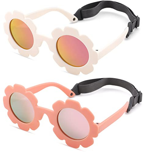 Melpomenia Flexible Bendable Baby Polarized Flower Sunglasses with Strap for Newborn Infant Boys Girls Age 0-24 Months (Matte White/Purple Red Mirrored + Matter Pink/Pink Mirrored)