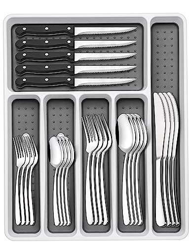 49-Piece Silverware Set with Organizer, Heavy Duty Stainless Steel Flatware Set for 8, Cutlery Utensil Sets with Steak Knives, Rust-proof, Mirror Polished, Dishwasher Safe, Heavy Duty