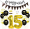 Daimay 15th Birthday Party Decorations Gold Black Happy Birthday Latex Confetti Balloons Triangle Flag Banner Number 15 Foil Balloon Cake Topper for Men Women Anniversary Birthday Party Supplies