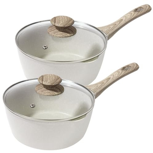 Rainberg Casserole avec couvercle, casserole à lait antiadhésive, compatible avec plaques à induction, gaz et électriques, casserole avec bec verseur (beige, 2 pièces, 16 et 18 cm)