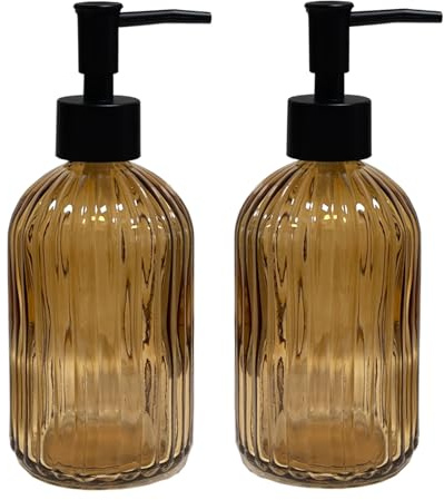 Brown Glass Soap Dispenser Set with Black Pump, 13.5oz Refillable Liquid Hand Dispenser, Vertical Stripe Lotion Dish Soap Dispenser for Modern Home Decor, Bathroom, Kitchen Countertop, Hotel(2 Pack)