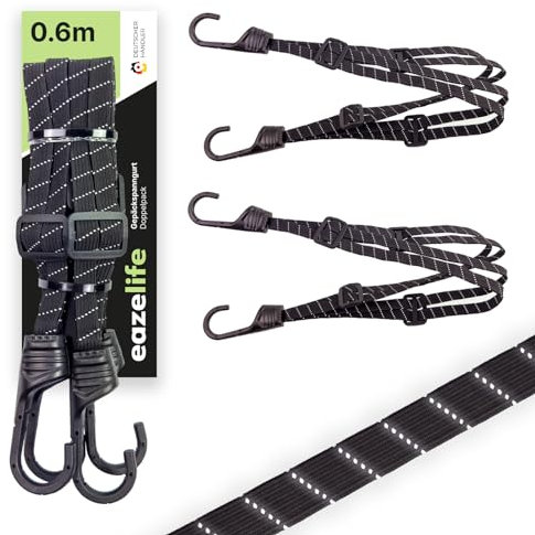 2er Set Gepäck Spanngurt, 60cm, verstellbar, reflektierend, robust, Kratzschutz, schwarz, belastbare Expander Spanngummi für Fahrrad Gepäckträger & Motorrad