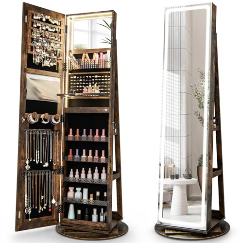 COSTWAY 360° Swivel Jewellery Cabinet with 3-Color LED Full Length Mirror, Lighted Makeup Mirror and Large Storage, Lockable Jewelry Armoire, Freestanding Jewellery Organiser Unit Gift (Rustic Brown)