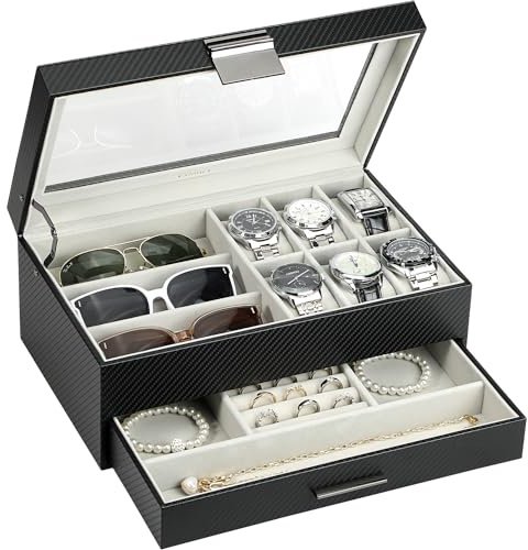 LANDICI Portagioie per orologi da uomo e donna, a 2 strati, 6 scomparti, in pelle PU, con parte superiore in vetro, grande espositore per gioielli, per occhiali da sole, collane, orecchini, anelli