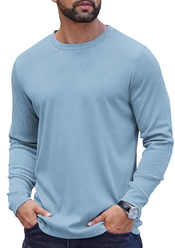 COOFANDY Maglietta da uomo a maniche lunghe girocollo a righe ondulate, casual, a coste, tinta unita, Blu, L