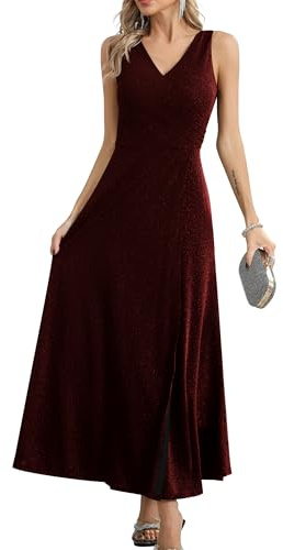 Missufe Elegante vestido cruzado para mujer, vestido de noche, vestido de cóctel, vestido de baile, vestido largo de boda, festivo, cuello en V, con abertura, rojo/negro, S