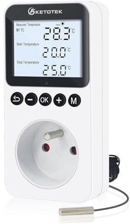 KETOTEK Termostato día y Noche con retroiluminación, regulador de Temperatura Enchufe FR