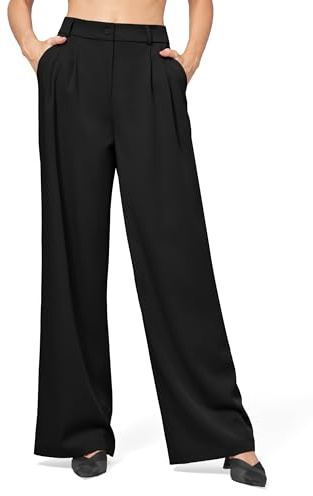 WILLIT Pantalones de mujer Pantalones de tela de pierna ancha Pantalones cómodos y elegantes para mujer Casual Cintura alta Pantalones de negocios con bolsillos 28/30/32, Negro , XXL