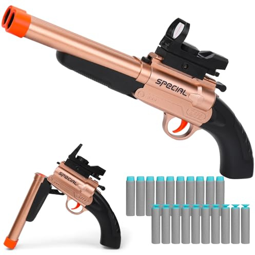 Kufanda Fusil à Double Canon Jouet, Blaster en Mousse EVA avec 20 Balles Souples (Portée 13m), Pistolet Sécuritaire pour Enfants 8+ Ans, Cadeau Garçon Noël Anniversaire (Or Rose)