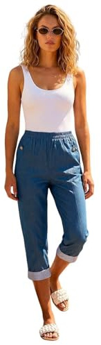 Roman Cropped Stretch Trouser for Women UK - Ladies Capri Pants Summer Leggings 3/4 Three Quarter Pedal Pusher Elasticated Waist Cut Off Contrast Detail Pull On Work