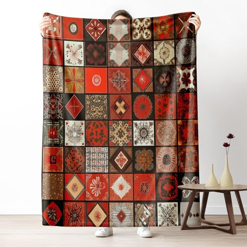 Plaid Lit Abstrait Géométrique Patchwork 2 Personnes, Jeté de Canapé Bohème Ethnique Traditionnel Antique, Couverture Polaire 150x200, Couverture Flanelle Chaude Légère pour Printemps Été Automne Hive
