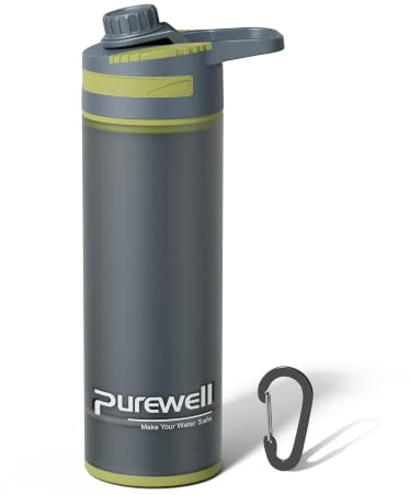Purewell Press-Filter Flasche 500ml - Trinkflasche mit Druck-Filtersystem für sofort reines Wasser Filtert 99.99% Bakterien, Viren, Schwermetall 10.000L Kapazität Ideal für Outdoor, Camping, Wandern