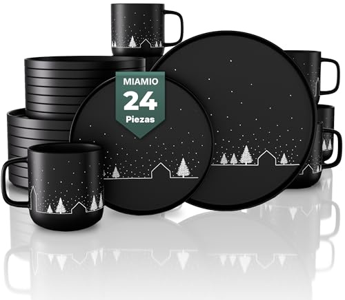 MIAMIO – Weihnachtsgeschirr 8 Personen / 24-teiliges Keramik Geschirrset schwarz matt für Weihnachten Winter – Schneelandschaft Motiv/Mikrowellen- und Spülmaschinengeeignet – Vinter Kollektion