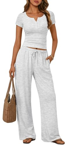 Trendy Queen Women 2 Two Piece Matching Lounge Sets 2026 Spring Summer Fashion Beach Vacation Clothes Workout Gym Top Wide Leg Pants Sweat Suits Airport Travel Outfits Casual Sweatsuit Loungewear