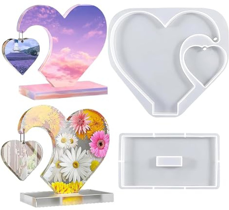 ZOMKIFA Stampo silicone cuore cornice foto resina epossidica, 2 pz con supporto colata resina, riutilizzabile demollaggio facile, DIY decor matrimonio San Valentino 18,3x20,2cm