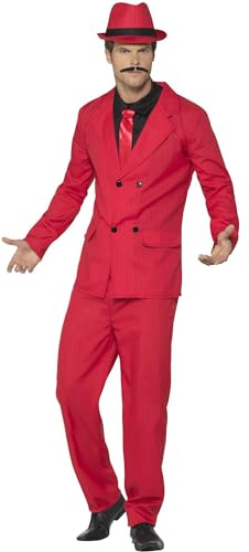 Smiffys Zoot Suit, Red with Jacket, Trousers, Hat, Mock Shirt & Tie, 1920's Razzle Fancy Dress, Gangster Dress Up Costumes
