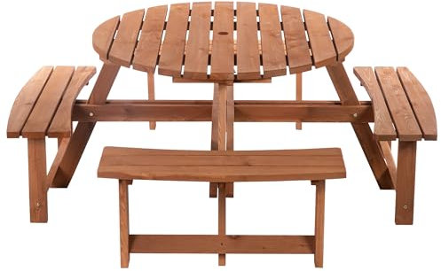 Outsunny Wooden Garden Dining Set, 8 Seater Round Dining Picnic Table with Matching Bench, Garden Furniture Set with Parasol Hole for Outdoor Patio Party and Family Gatherings, Brownish Red