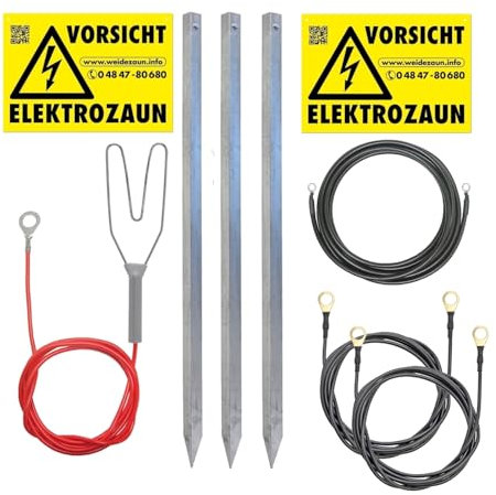 VOSS.farming Anschluss-Set komplett für Weidezaungerät – DREI hochwertige Erdstäbe + Erdanschlusskabel + Zaunanschlusskabel – Erdung für Stromzaun Elektrozaun Erdanschluss