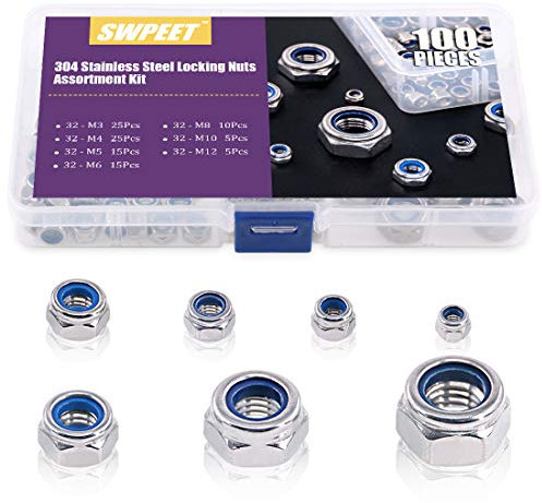 Swpeet Lot de 100 écrous de verrouillage en acier inoxydable 304 170 pièces M3 M4 M5 M6 M8 M10 M12 avec insert en nylon