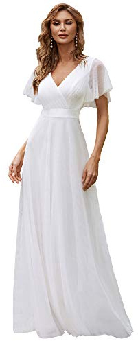 Ever-Pretty Robe de Mariage Col en V Manches Courtes A-Line Taille Empire Longue Tulle Femme Blanc 40
