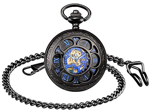 Unendlich U Herren Unisex Fashion Retro Handaufzug Mechanische Taschenuhr Hohle 6 Blütenblatte Skelett Kettenuhr Pullover Halskette Geschenkbox für Weihnachten Vatertag