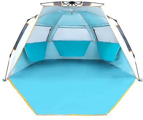 WolfWise Strandmuschel mit Schnellaufbau für 3-4 Personen – UV-Schutz 50+, Wasserabweisend, Privater Raum mit Reißverschlusstür & Mesh-Fenstern, Tragbar Strandzelt für Familie & Camping, Blau