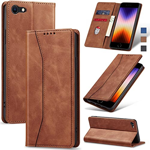 Jasonyu Skal för iPhone SE 2022/SE 2020/8/7, Wallet PU Läder Fodral, Brun | Flippfodral, Magnetisk,Vikbart Skyddande,Stativfunktion,Kortfack, Stötsäker TPU