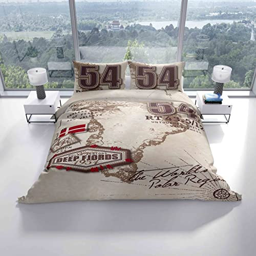 Leonado Vicenti Bettwäsche 135x200 155x200 155x220 Beige Braun Decke Kissen 80x80 Bezug Landkarte Kompass Set mit Reißverschluss