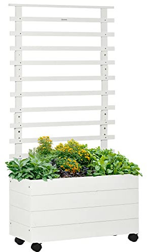 Outsunny Fioriera Rialzata Verticale con 4 Ruote e Traliccio per Piante Rampicanti in Legno di Abete, 76x30x155cm, Bianco