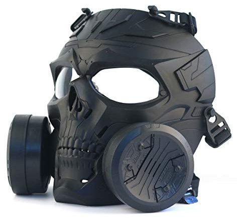 JEIMAI Maschera Airsoft Cranio Full Face BBS Paintball Protezione Gear Maschera Tattica per Sparare CS Gioco Cosplay Halloween con Doppio Turbo Fan (Lente trasparent-Nero)