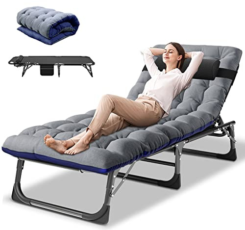 DoCred Folding Lounge Chair with Mattress, 5 Position Adjustable Folding Sleeping Bed Cot Chaise Lounge Chairs Perfect for Sunbathing, Camping, Pool, Beach, Patio