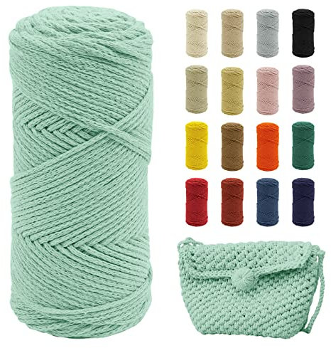 Uiopa Corde Macramé, 2mm x 140m Cordon Coton Polyester Fil de Macramé Ficelle Corde, Fil de Coton pour Panier au Crochet, Sac en Crochet, Tentures Murales, Tressée DIY (Vert Matcha)