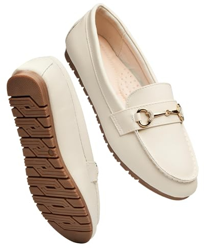 COOL COSER C Women's Wide Casual Comfort Loafers Slip on Flat Shoes Women's Penny Loafers with Arch Support Women Dressy Moccasins (Beige PU Wide,8)