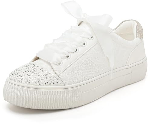 Elivandon 9994 Chaussures de Mariage Lace Bridal Sneakers 3,7cm Plate - Forme Bridal Tennis Strass Brillant Chaussures de Mariage Couleur Ivoire,Taille 37 EU (4 UK)