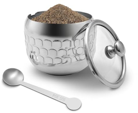 300 ml Sugar Bowl 304 Stainless Steel Spice Jar Home Spice Jar Metal Tin Kitchen Sugar Container with Lid and Spoon for Spices, Sugar, Coffee, Tea, Pepper (Style 3)