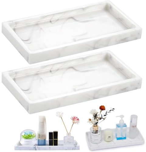 XINSUO® 2 Pieces Trays for Cosmetics Rectangular,Shatterproof Bathroom Tray,Vanity Tray,For Fabric Candles,Towels,Small Cosmetics(20 x 10 cm,Marble white)