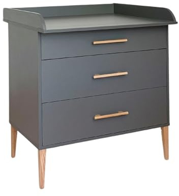 ATB Commode avec Table à Langer pour Chambre Bebe ILA - Evolutif sur Pied Bébé Table à Langer - Compacte Enfant Meuble de Rangement - Evolutive 3 Tiroirs - Réalise Un Ensemble avec Un Lit (Gris)