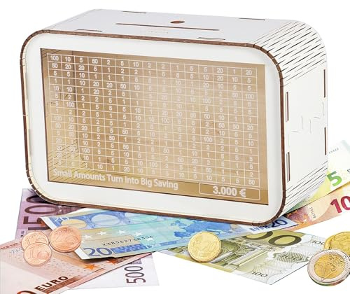 LOVLEY Huchas Originales para Adultos y Niños – Hucha Ahorro 3000 Euros con Contador – Caja de Ahorro de Madera y Acrílico Reutilizable y Decorativa (Cerdito, Blanca)
