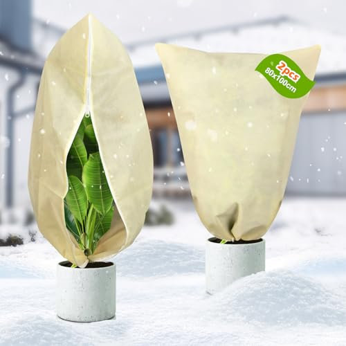 2 Stück Pflanzenschutz Winter, 100x80cm Winterschutz für Kübelpflanzen, Frostschutz Pflanzenschutz Winter, Wiederverwendbar Frostschutz Kälteschutz Pflanzenschutzsack mit Reißverschluss und Kordelzug